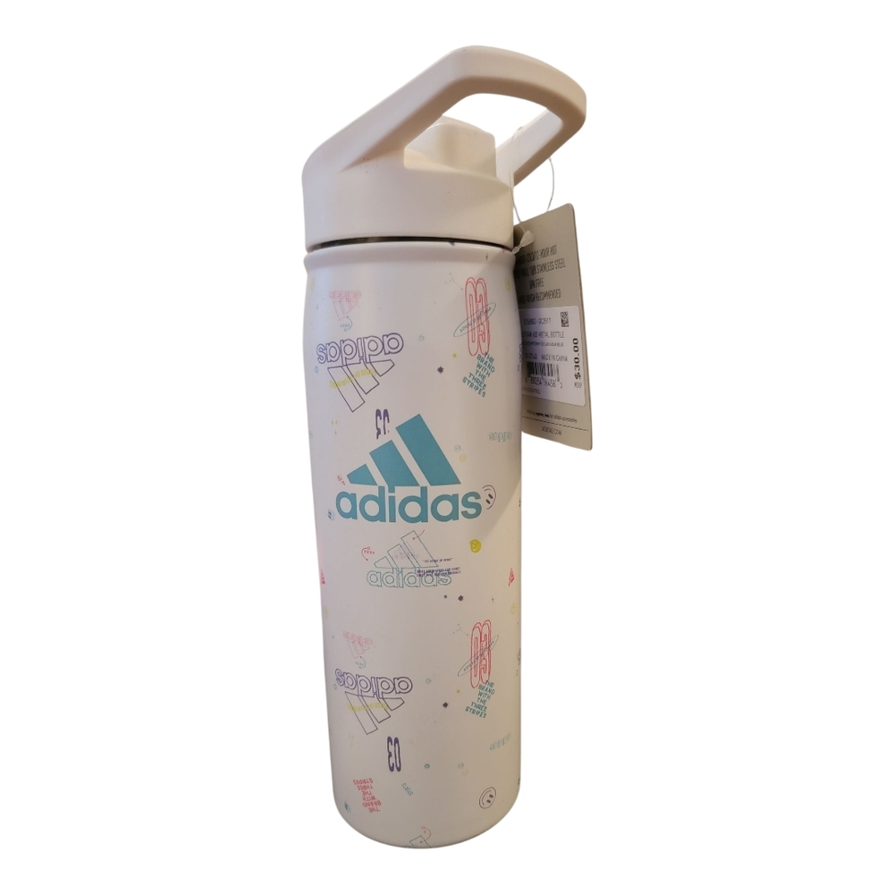 Adidas Steel Straw 600 Metal Bottle‎ White Aqua Blue Love Icon Brand